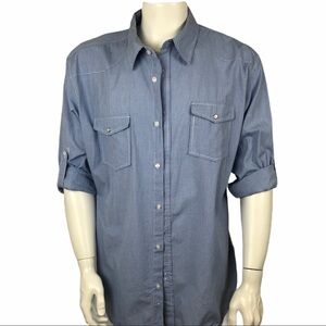 PD&C Men’s Button Front Casual Shirt Blue Multi Pocket Check Pattern XXL 2XL EUC